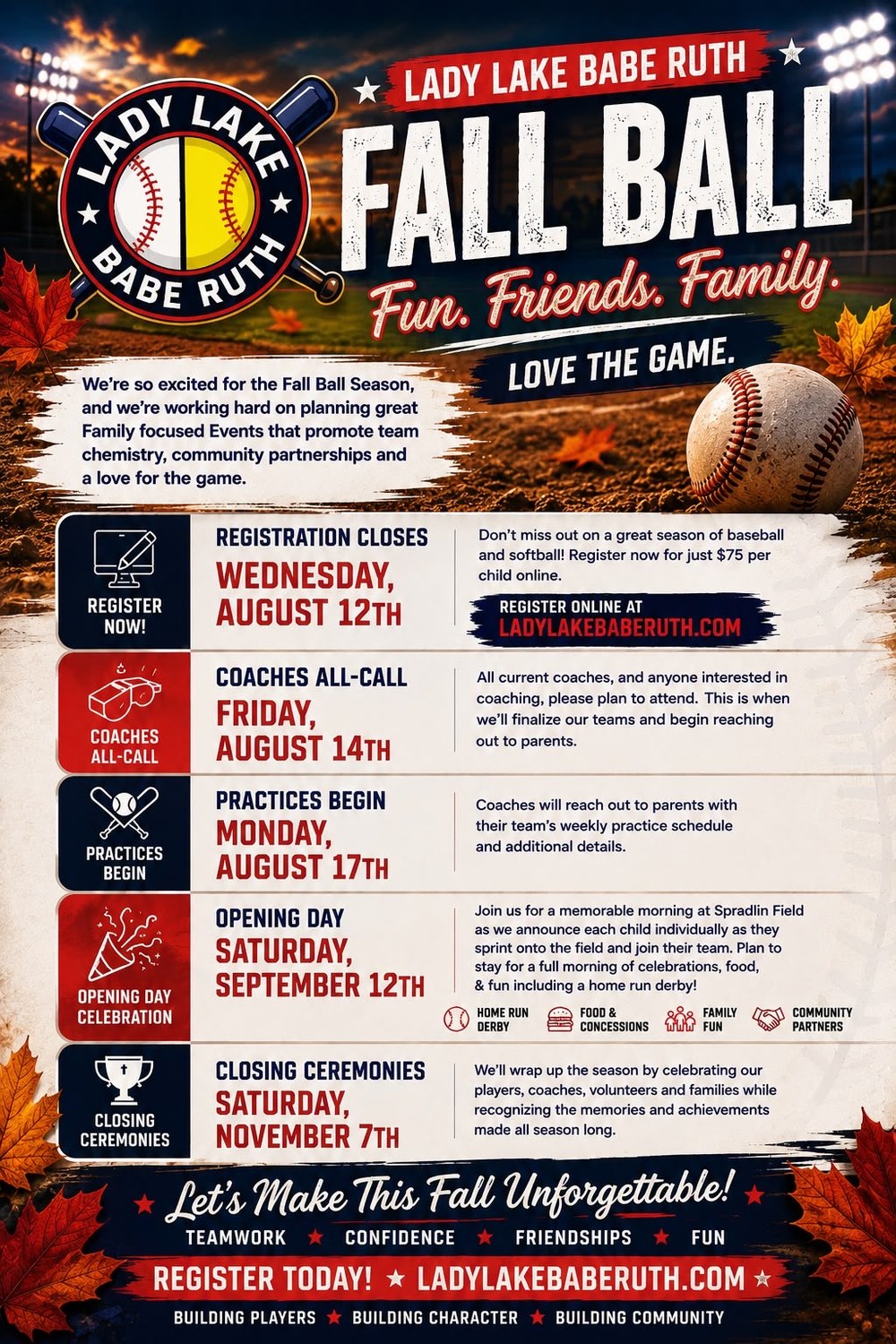 Lady Lake Babe Ruth Fall Ball — registration closes August 12th, $75 per child