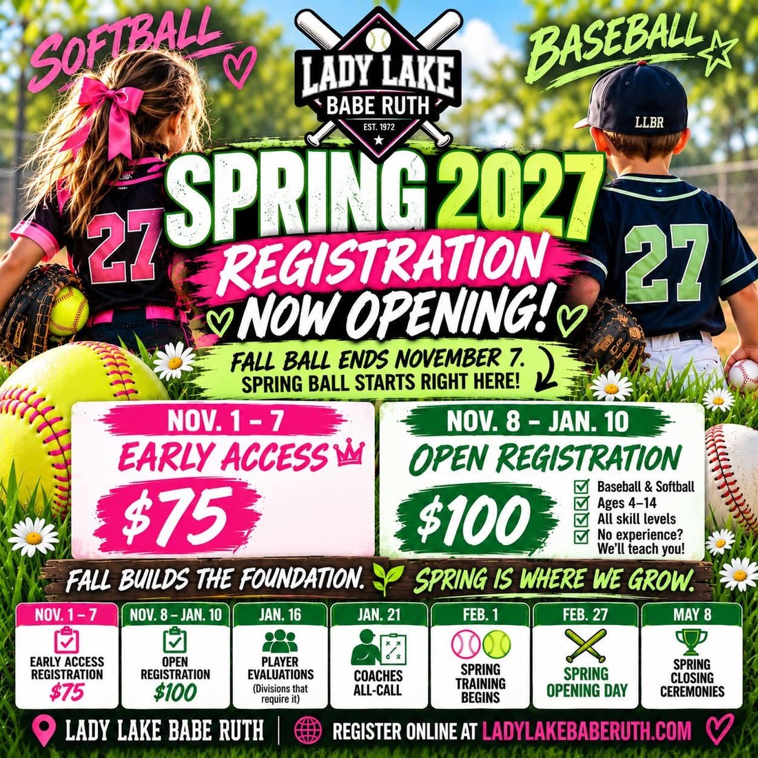 Lady Lake Babe Ruth Spring 2027 registration — baseball and softball, ages 4–14